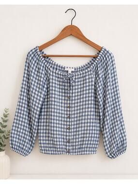 Western Blue and White Plaid Womens Blouse Size S Prairie Gingham Country Ranch